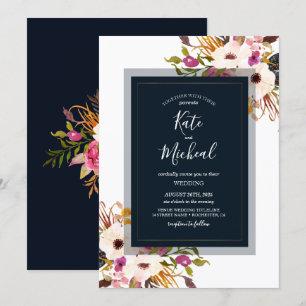 Invitation Marine Bleu Bourgogne Or Blush Mariage campagnard 