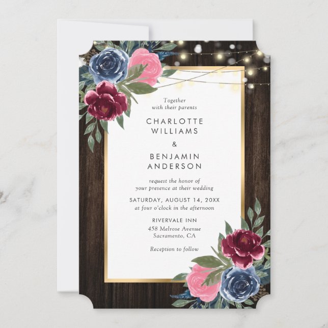 Invitation Marine Bleu Bourgogne Rose Or Rustique Bois Floral (Devant)