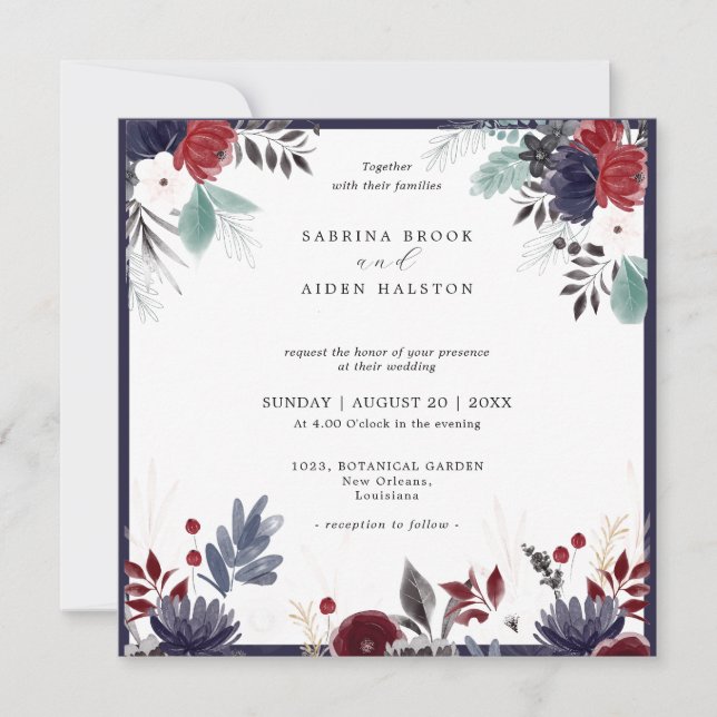 Invitation Marine Bleu Bourgogne Rouge Gothique Floral Mariag (Devant)