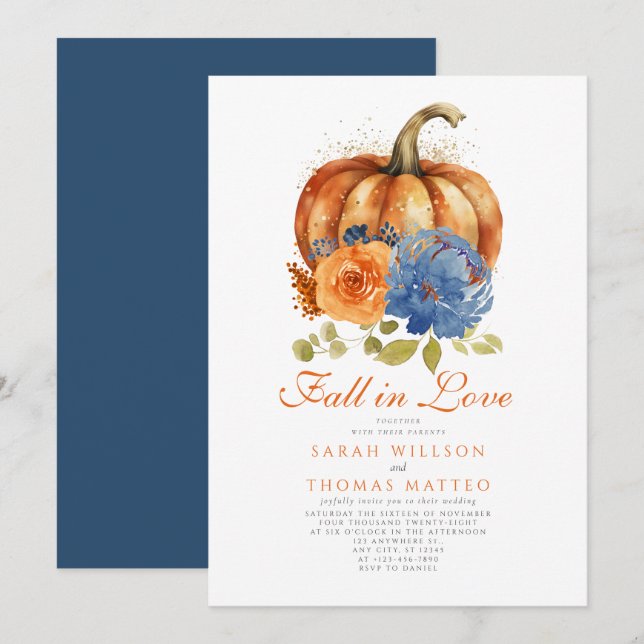 Invitation Marine Bleu Brûlé Orange Floral Chute En Amour (Devant / Derrière)