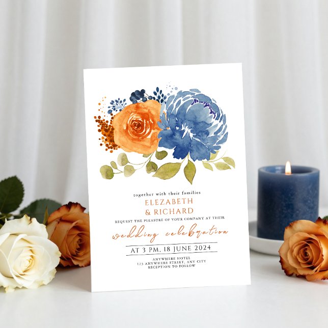 Invitation Marine Bleu Brûlé Orange Terracotta Mariage Floral (Créateur téléchargé)