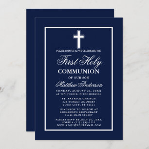 Invitation Marine Bleu Cadre Blanc Première Communion Sainte