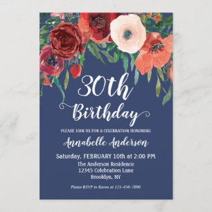 Invitation Marine Bleu Corail Bourgogne Floral Script Anniver
