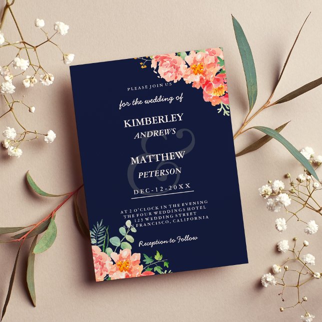Invitation Marine bleu corail rose aquarelle élégant Mariage (Navy blue coral pink watercolor elegant Wedding Invitation)