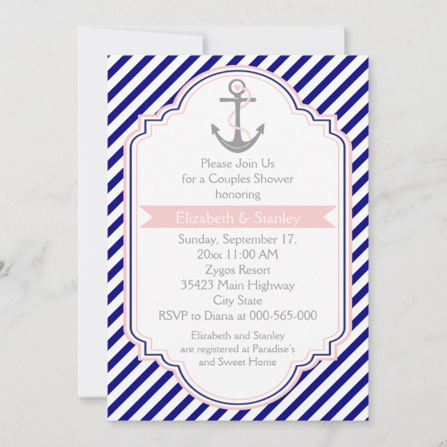 Invitation Marine bleu, couples nautiques roses wedding showe (Devant)