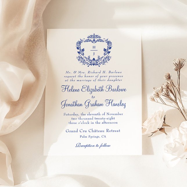 Invitation Marine Bleu Crest Mariage formel élégant (Navy Blue Crest Formal Elegant Wedding Invitation)