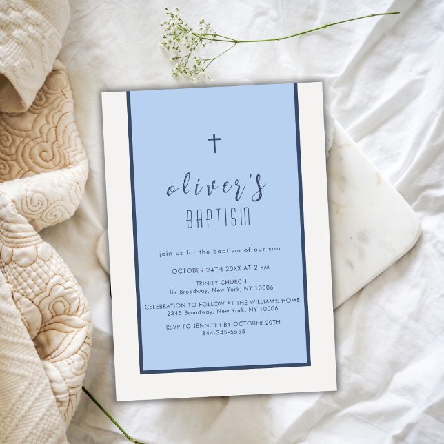 Invitation Marine bleu Croix moderne Christening Garçon Baptê (Navy Blue Modern Cross Christening Boy Baptism Invitation)