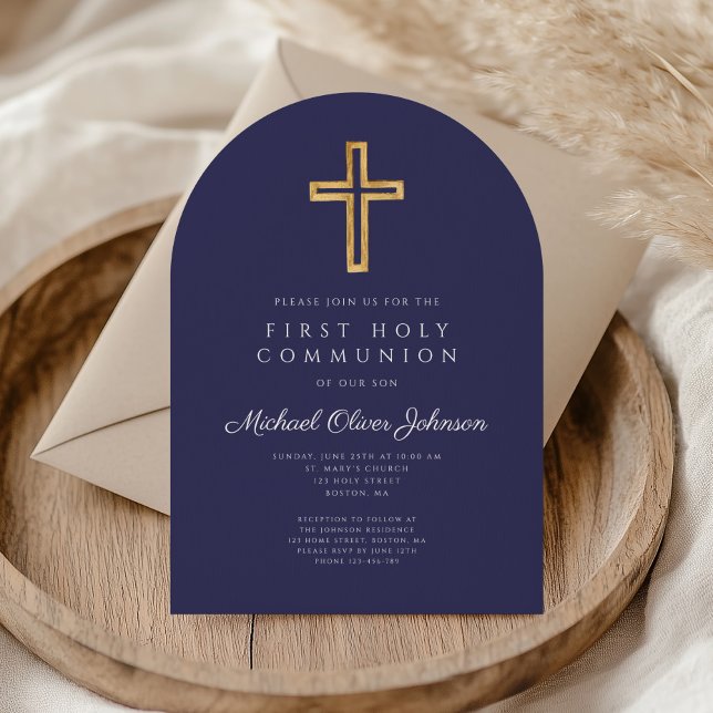Invitation Marine Bleu Croix Religieuse Garçon Arc de Communi (Navy Blue Religious Cross Boy First Communion Arch Invitation)