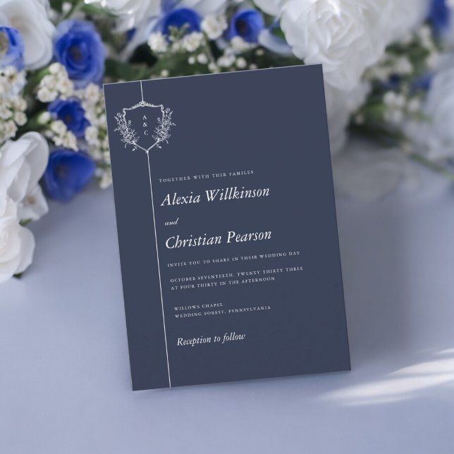 Invitation Marine bleu décontracté blanc crête mariage (casual text navy blue wedding invitation , minimalistic , tie the knot in style )