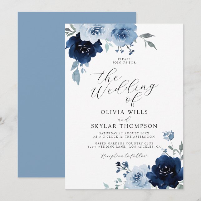 Invitation Marine Bleu Dusty Élégant Mariage Floral Invit (Devant / Derrière)