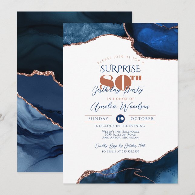 Invitation Marine Bleu Élégant Adulte Surprise fête Anniversa (Devant / Derrière)