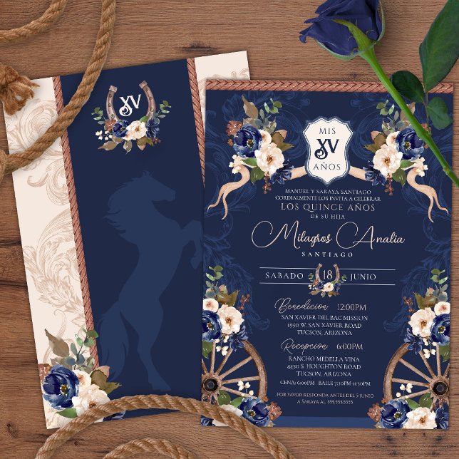 Invitation Marine Bleu Élégant Baroque Charro Quinceanera (Créateur téléchargé)