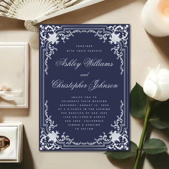 Invitation Marine Bleu Élégant Faux Argent Vintage Mariage (Créateur téléchargé)
