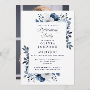 Invitation Marine Bleu élégant Floral Retraite Party Photo