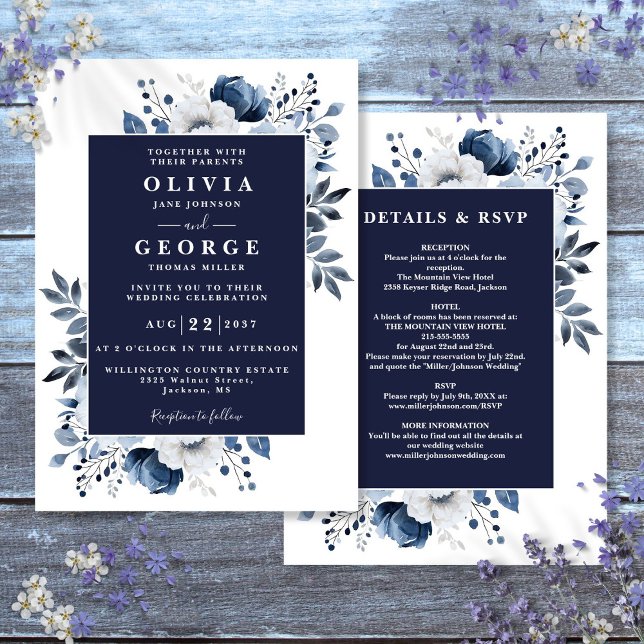Invitation Marine Bleu Élégant Floral Tout en un Mariage (Navy Blue Elegant Floral All In One Wedding Invitation)