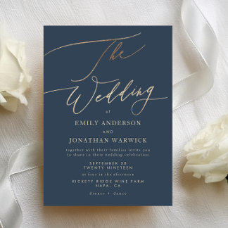 Invitation Marine Bleu Élégant Or Le Mariage