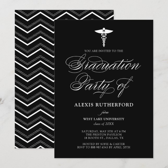 Invitation Marine Bleu Élégant Script Médicale École Graduati (Devant / Derrière)