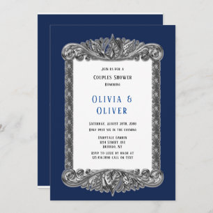 Invitation Marine Bleu et Argent Cadre Royal Couples Douche