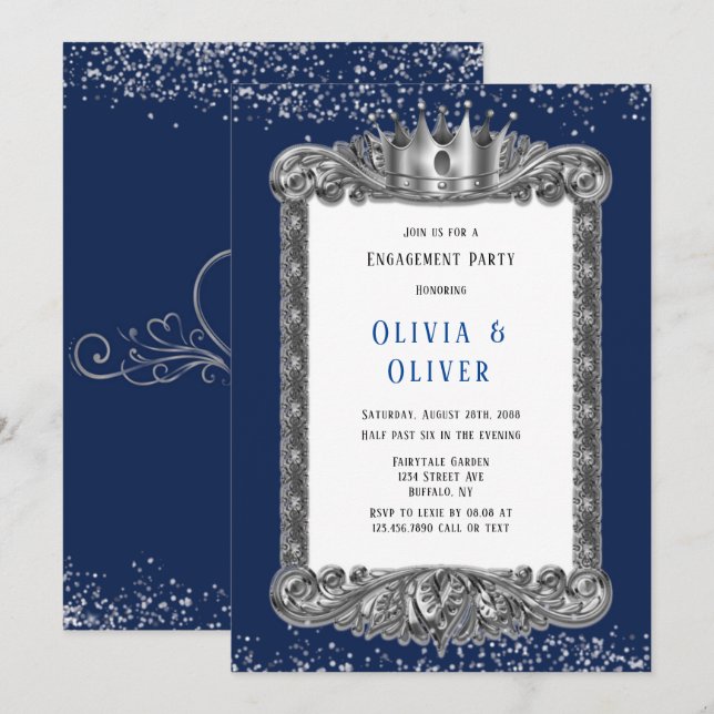 Invitation Marine Bleu et Argent cadre Royal Engagement Party (Devant / Derrière)