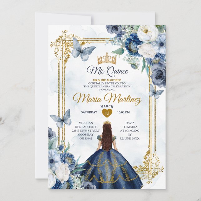 Invitation Marine Bleu Et Blanc Floral Princess Quiñceanera (Devant)