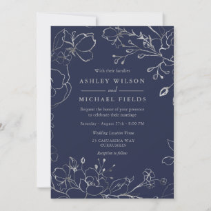 Invitation Marine bleu et gris argenté Floral Mariage moderne