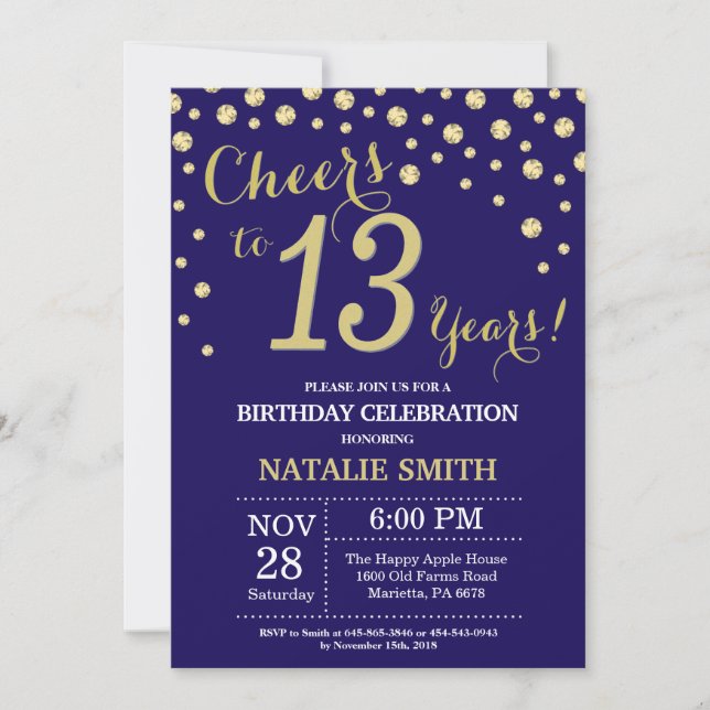 Invitation Marine Bleu et Or 13e Anniversaire Diamant (Devant)