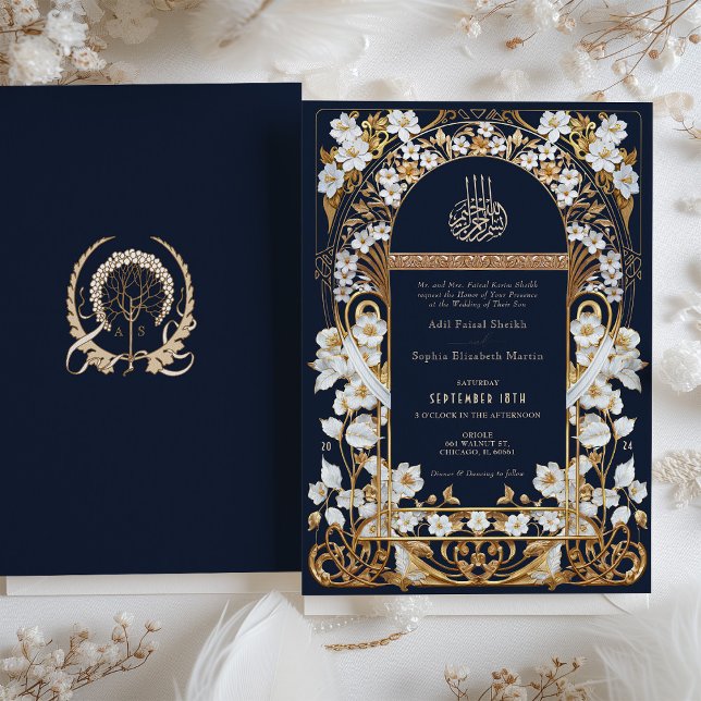Invitation Marine bleu et or antique Floral Mariage islamique (Créateur téléchargé)