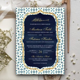 Invitation Marine Bleu et or Carrelage marocain Mariage islam