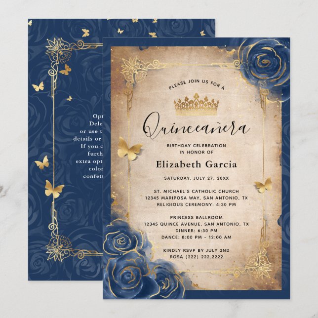 Invitation Marine Bleu et or Royal Rose Elegant Quinceanera (Devant / Derrière)