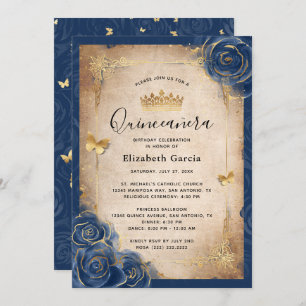 Invitation Marine Bleu et or Royal Rose Elegant Quinceanera