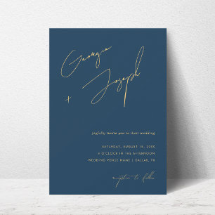 Invitation Marine bleu et or   Script Photo QR Code Mariage