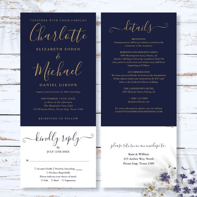 Invitation Marine Bleu Et Or Script Tout En Un Mariage (Navy Blue And Gold Script All In One Wedding Invitation)