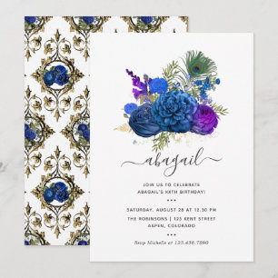 Invitation Marine bleu et or Vintage Peacock Floral Anniversa
