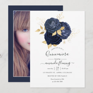 Invitation Marine bleu et or Vintage Rose Quinceañera Photo