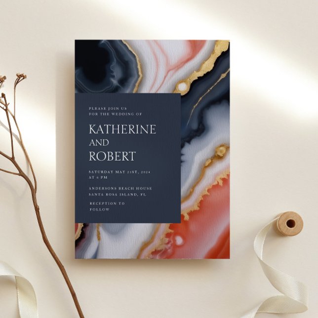 Invitation Marine Bleu Et Orange Agate Mariage Moderne (Créateur téléchargé)