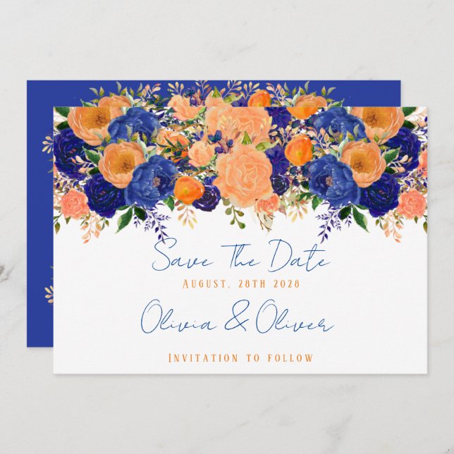 Invitation Marine Bleu et Orange Floral Économisez la date (Devant / Derrière)