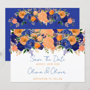 Invitation Marine Bleu et Orange Floral Économisez la date