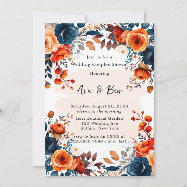 Invitation Marine bleu et Orange Peony Mariage Couple Douche (Devant)