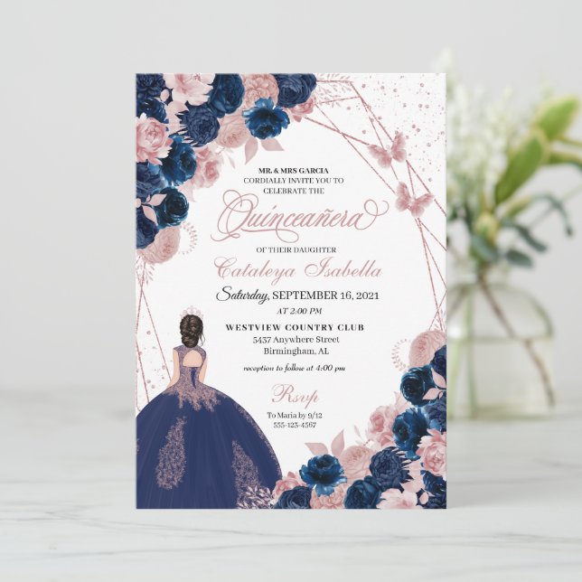 Invitation Marine Bleu et papillon rose Princesse Quinceanera (Debout devant)