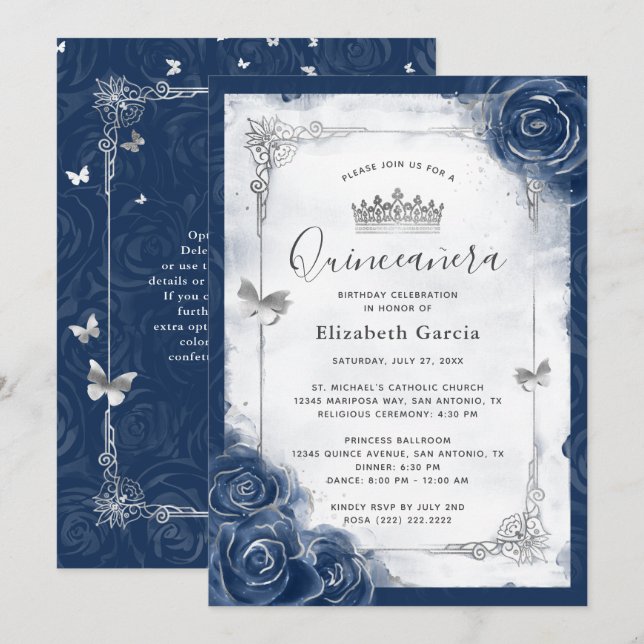 Invitation Marine Bleu et Rose Argent Elegant Quinceanera (Devant / Derrière)