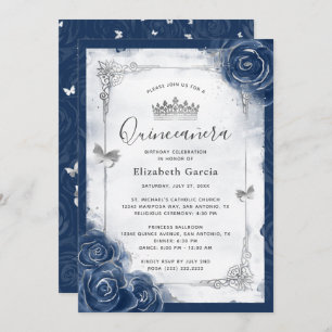 Invitation Marine Bleu et Rose Argent Elegant Quinceanera