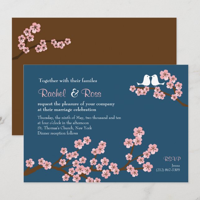 Invitation Marine Bleu et rose cerisier Fleur Jardin Mariage (Devant / Derrière)