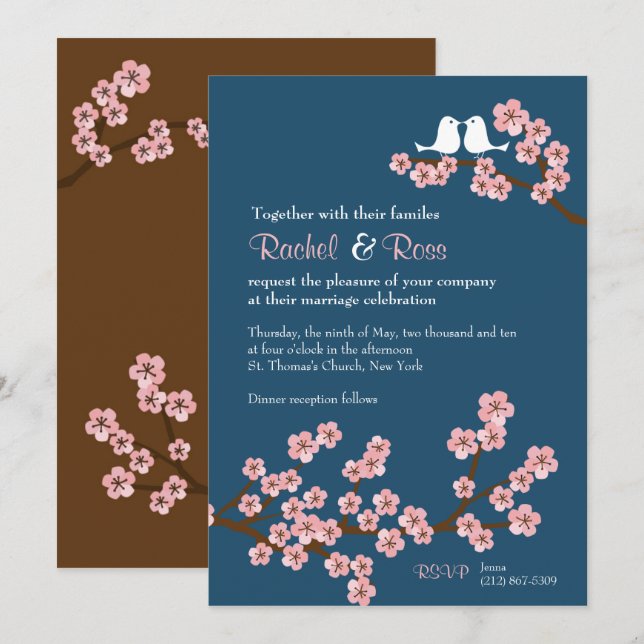 Invitation Marine Bleu et rose cerisier Fleur Printemps Maria (Devant / Derrière)