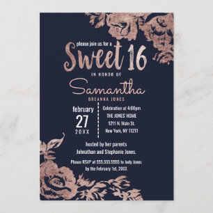 Invitation Marine Bleu et Rose or Floral Sweet 16