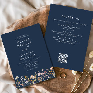 Invitation Marine Bleu Fleur sauvage QR Code Jardin Mariage