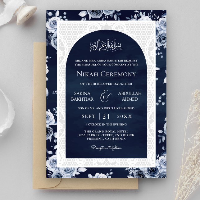 Invitation Marine bleu Floral blanc dentelle Mariage musulman (Créateur téléchargé)