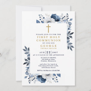 Invitation Marine Bleu Floral Botanique Première Sainte Commu