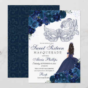 Invitation Marine bleu floral Masquerade Sweet 16