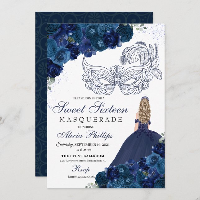 Invitation Marine bleu floral Masquerade Sweet 16 (Devant / Derrière)