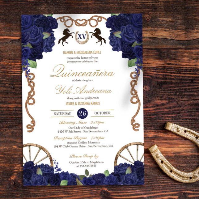 Invitation Marine Bleu Floral Rustique Charra Quinceanera (Créateur téléchargé)